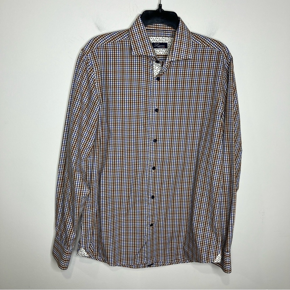 Lugano Switzerland plaid button down shirt dress shirt blue brown cream size Med